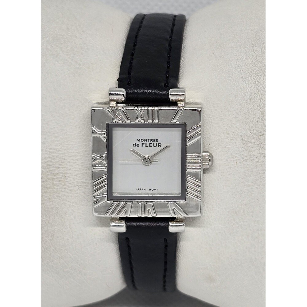Women's Montres de Fleur Trendy Square Silver Tone Black Leather Strap Watch 13